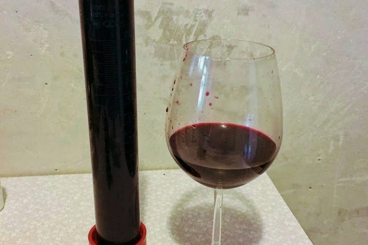 Замер плотности домашнего вина ареометром.